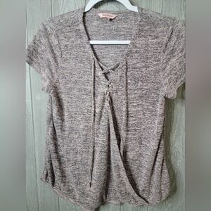 ♡Juicy Couture Pink Grey Marl Lace Up Surplice Wrap‎ Front Knit Top Medium